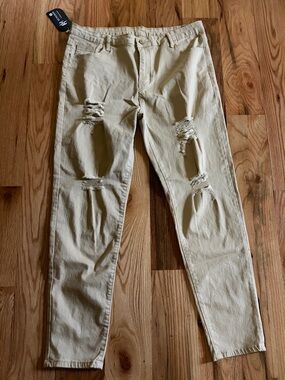 XOXO Beige Distressed Slim Straight Jeans